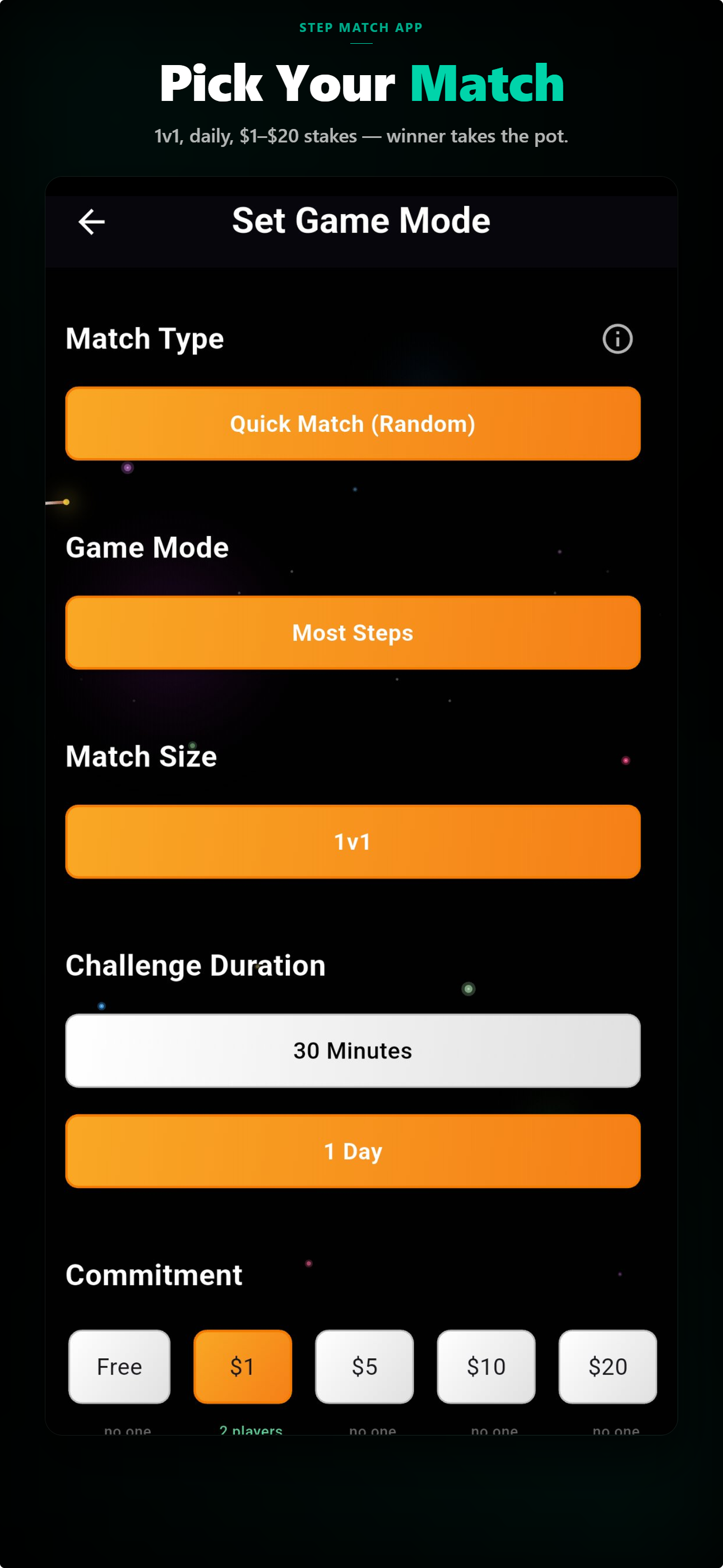 Lucilla game mode setup — match type, size, duration, $1-$20 USDC commitment chips