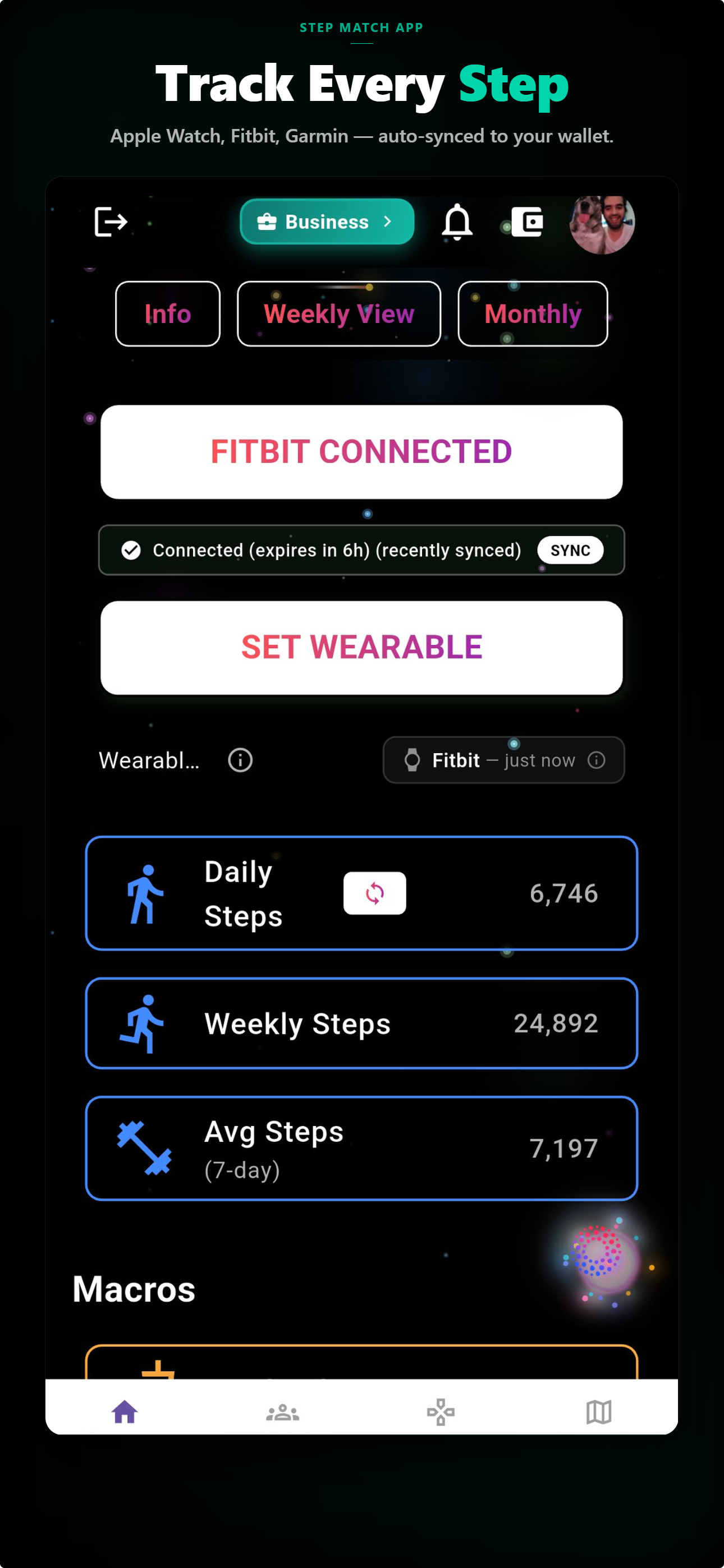 Lucilla summary page — Fitbit connected, daily/weekly/7-day step averages auto-synced