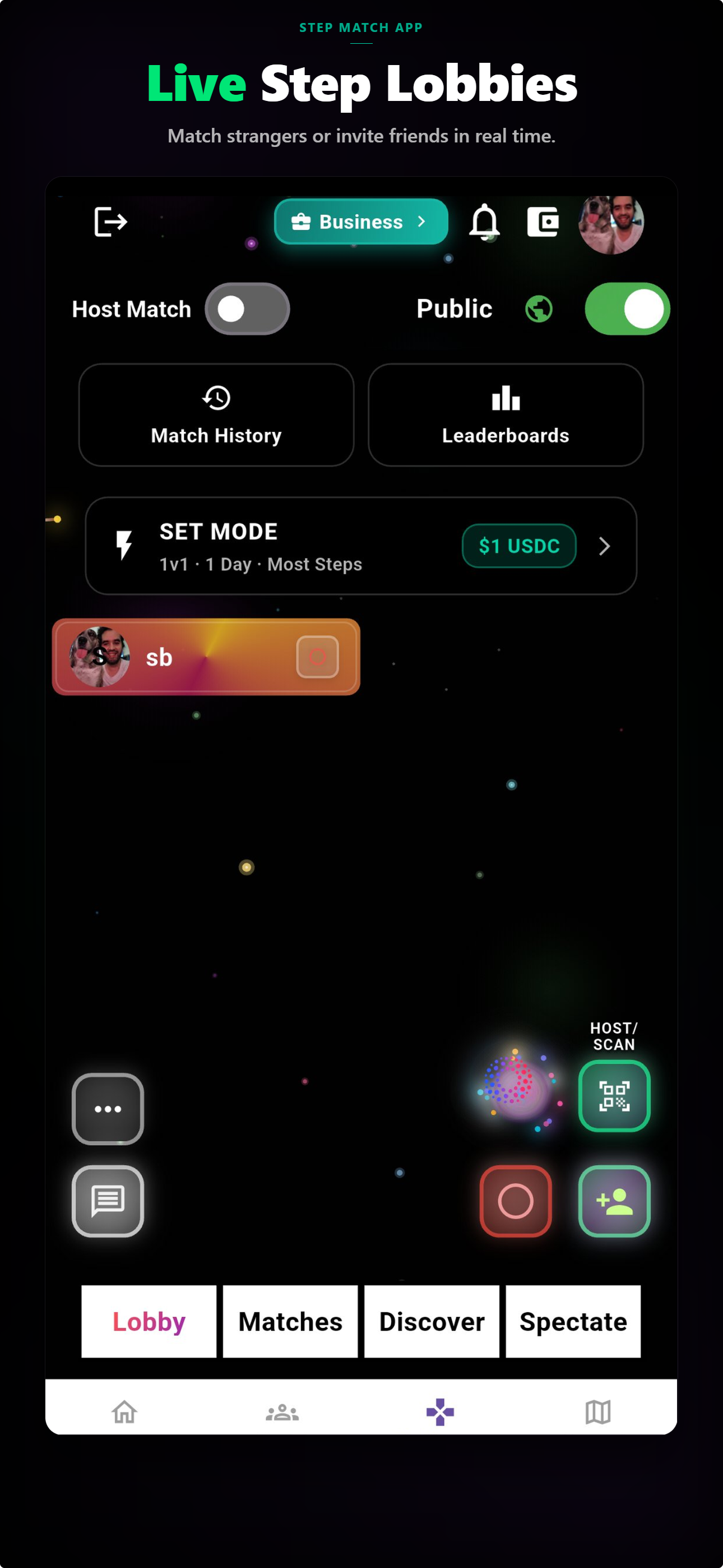Lucilla challenge lobby — live SET MODE button, $1 USDC stakes, players ready to match