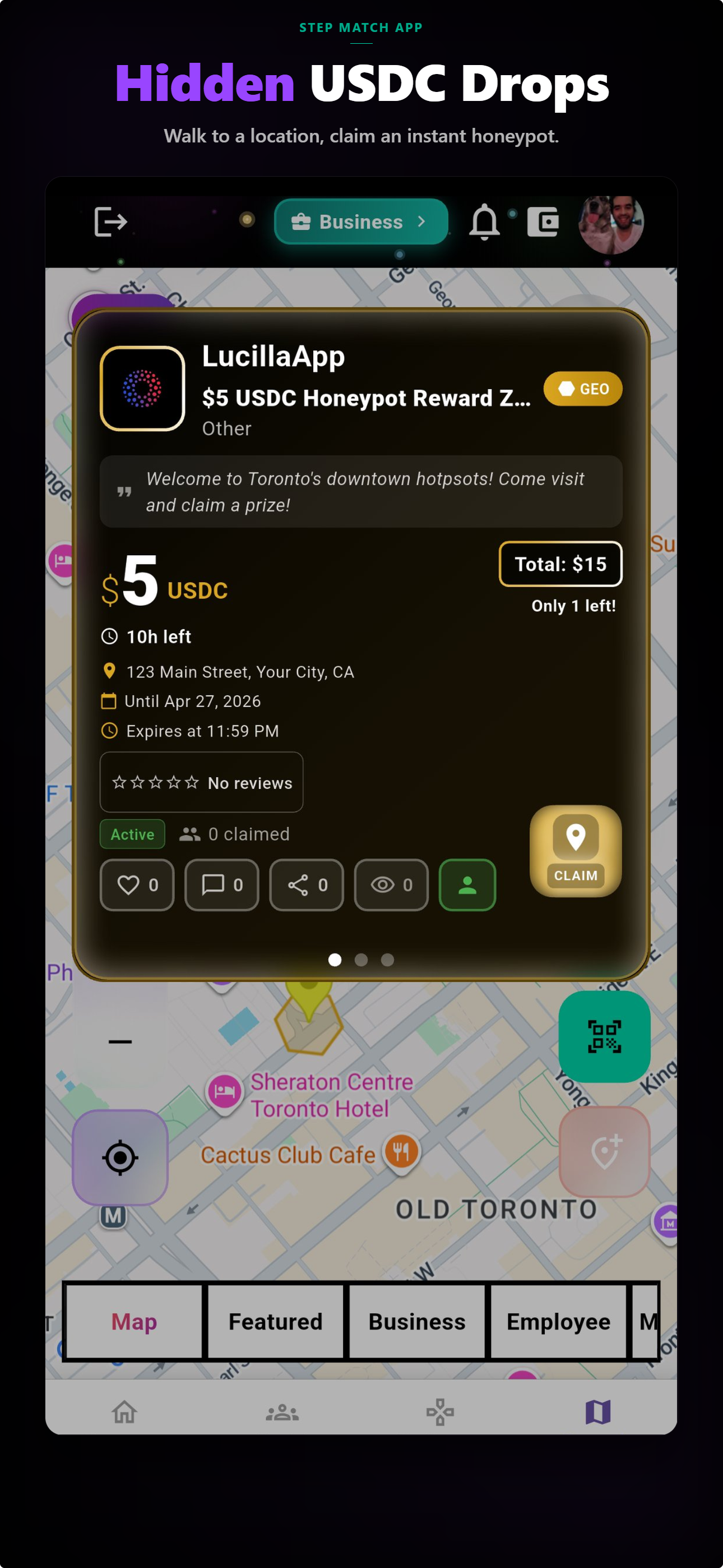 Lucilla map showing a $5 USDC honeypot drop hidden at a downtown location, first-walker takes it