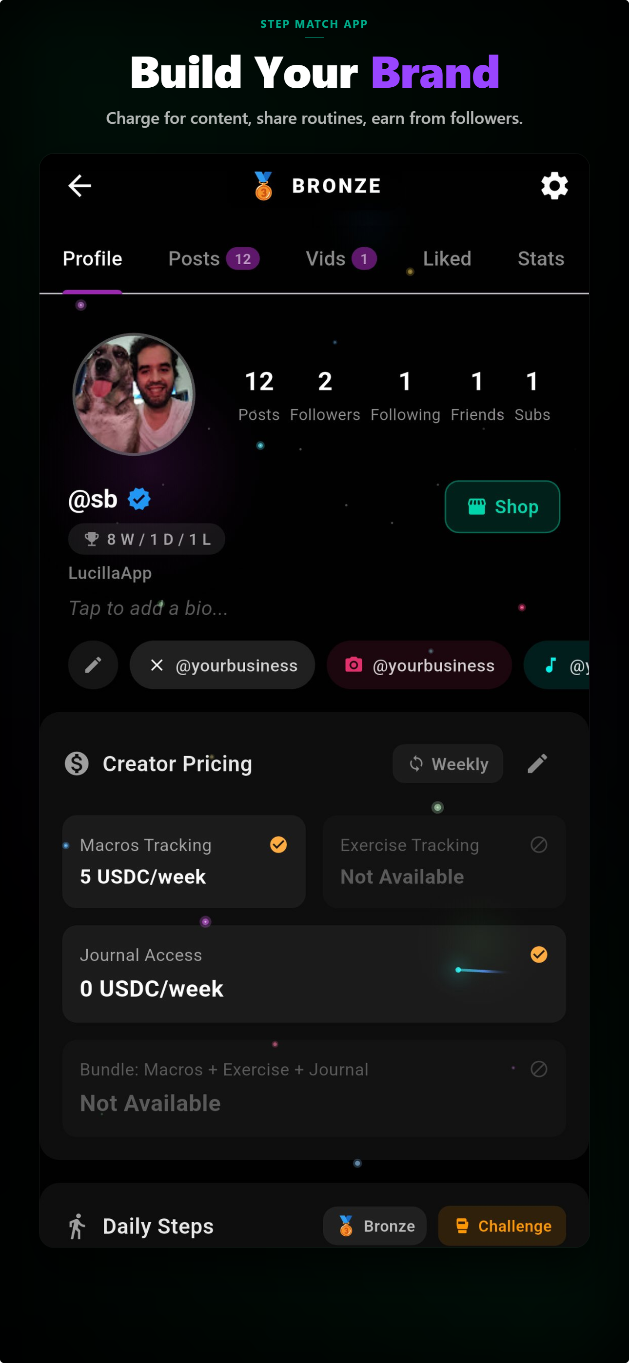 Lucilla profile showing tier badges, live macros, workouts, journals, and USDC creator pricing