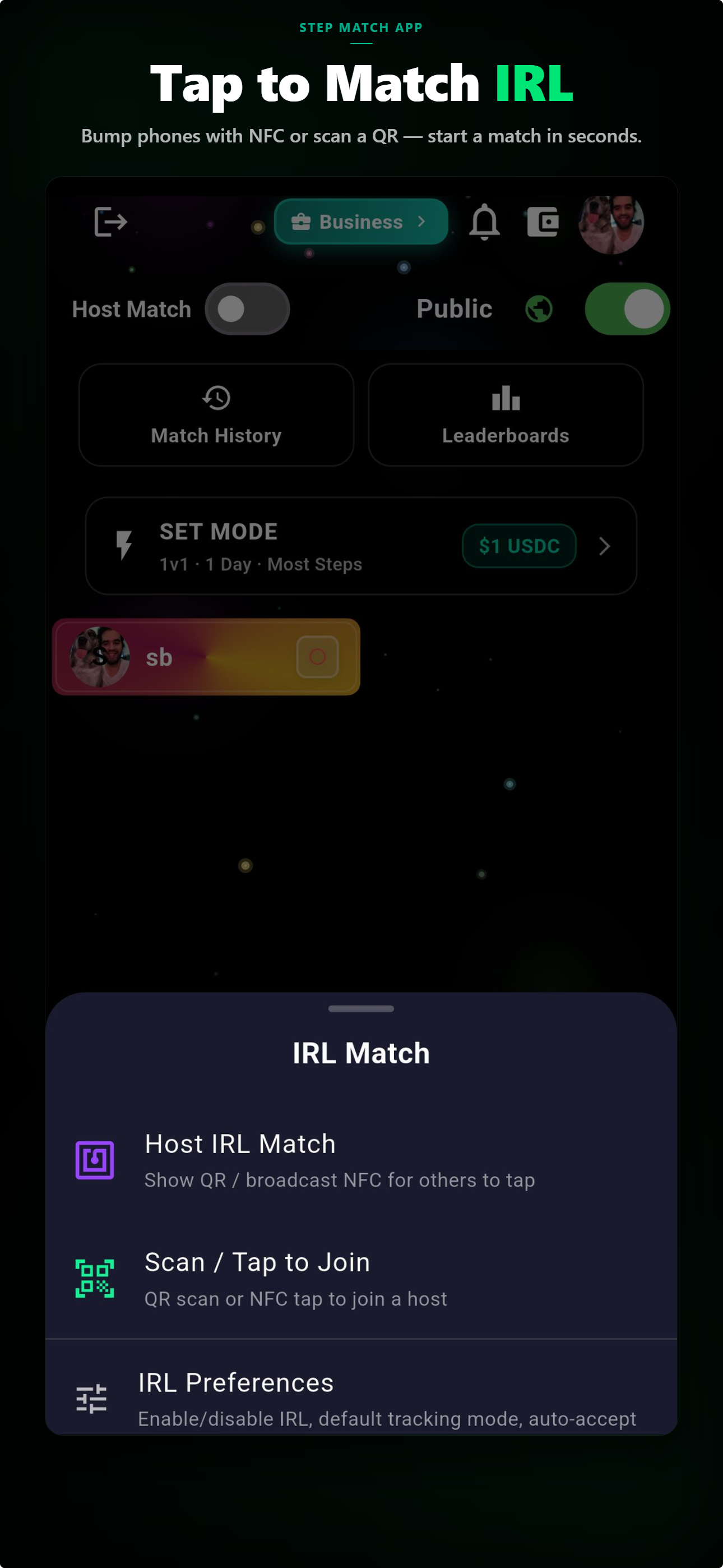 Lucilla IRL match menu — host or join a step match via NFC tap or QR scan