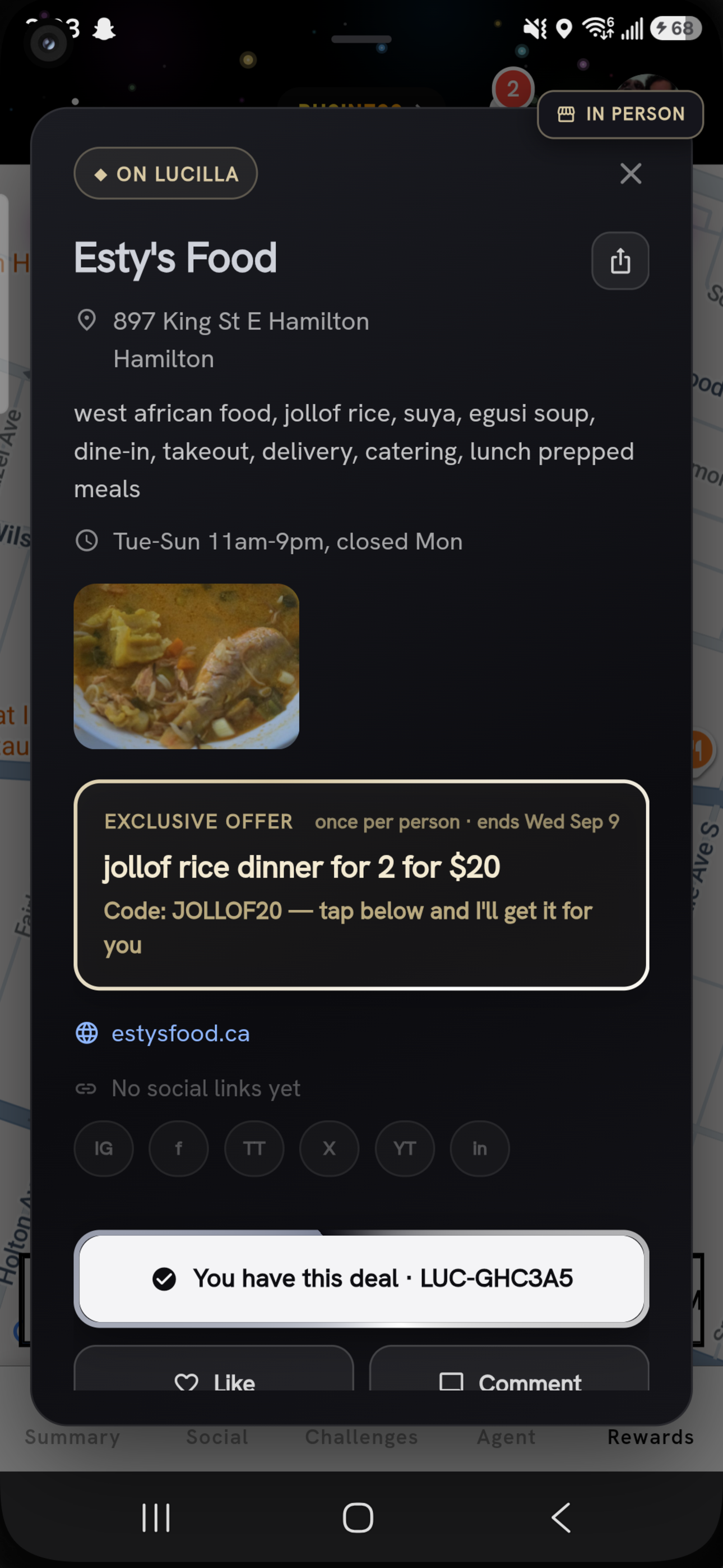 Lucilla business card for Esty's Food — the offer, and 'You have this deal' after a claim