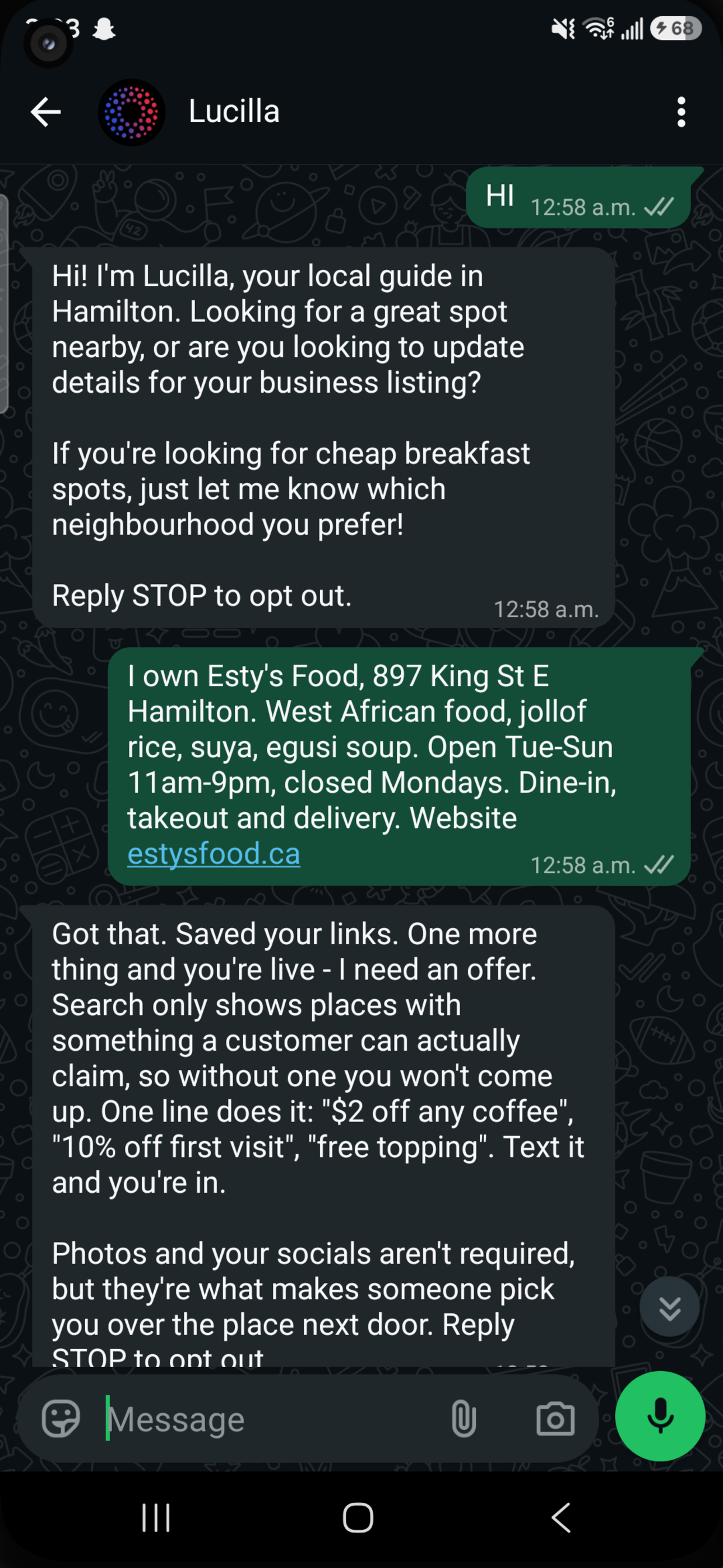 A WhatsApp thread where a shop lists itself on Lucilla in one message