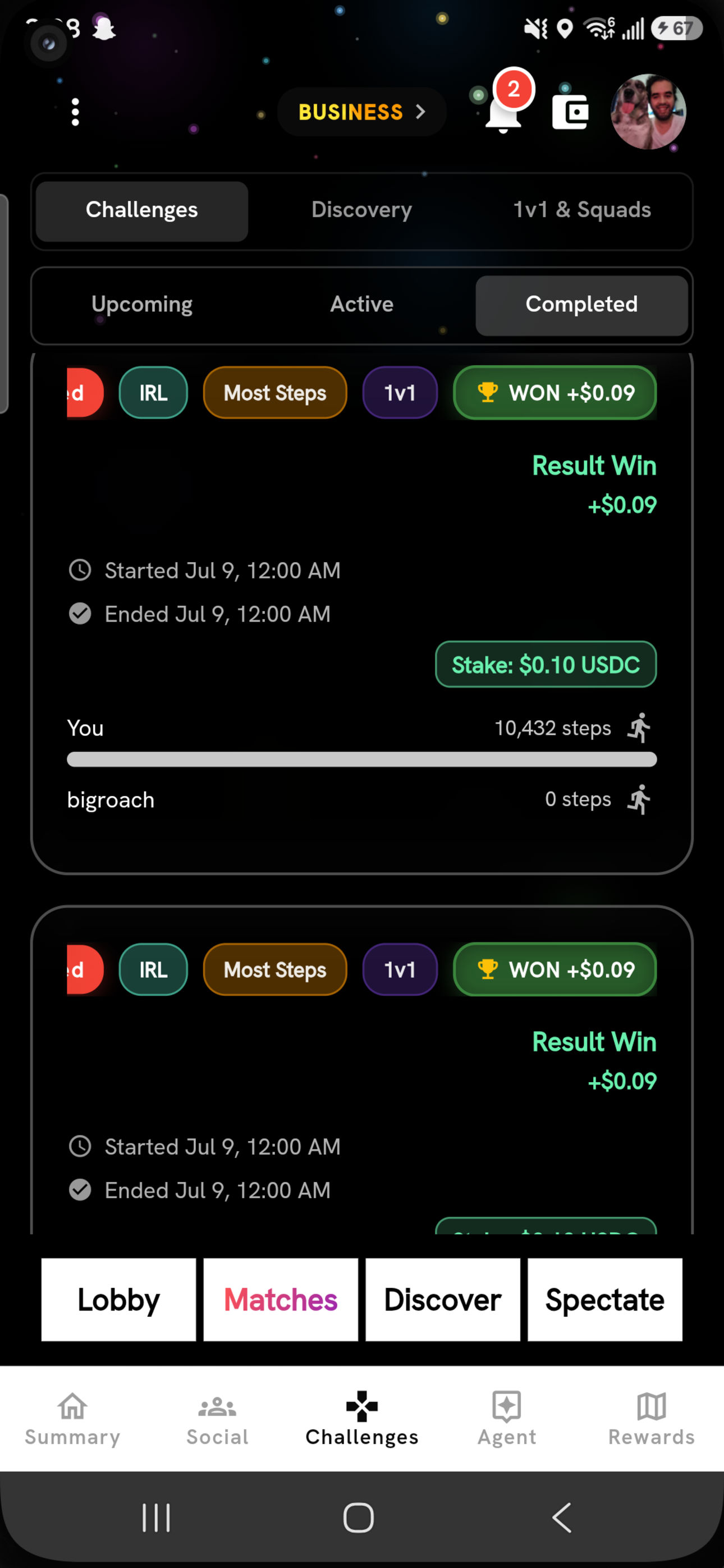 Lucilla completed 1v1 step matches — WON +$0.09 on a $0.10 USDC stake