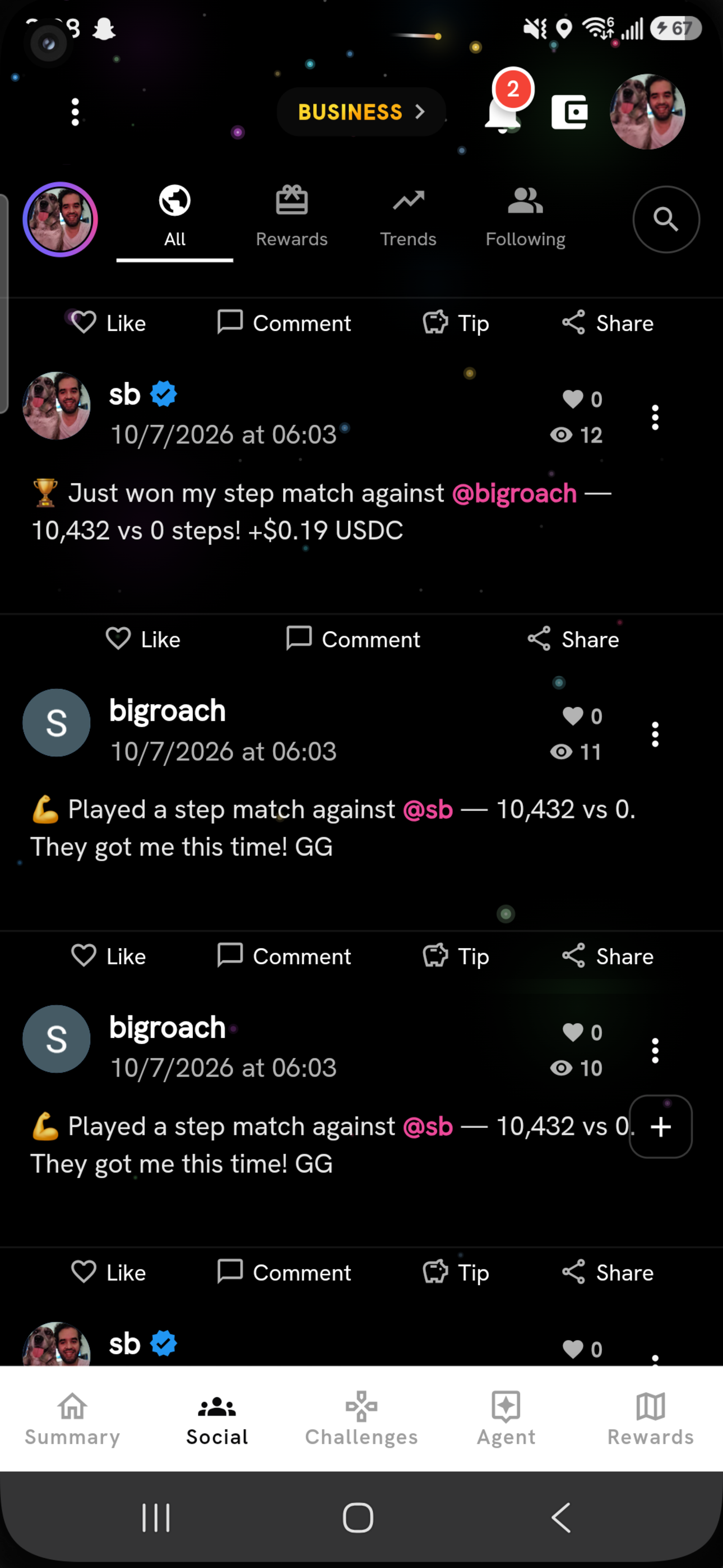A Lucilla creator post sharing a step-match win to the social feed